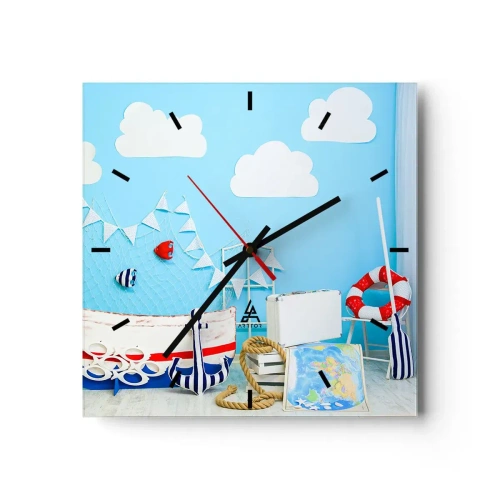 Reloj de pared - Reloj de vidrio - Decoración náutica con barco y accesorios sobre fondo azul. - 30x30cm - El ansia de aventura de un niño - Decoración de pared moderna para salón y dormitorio ARTTOR