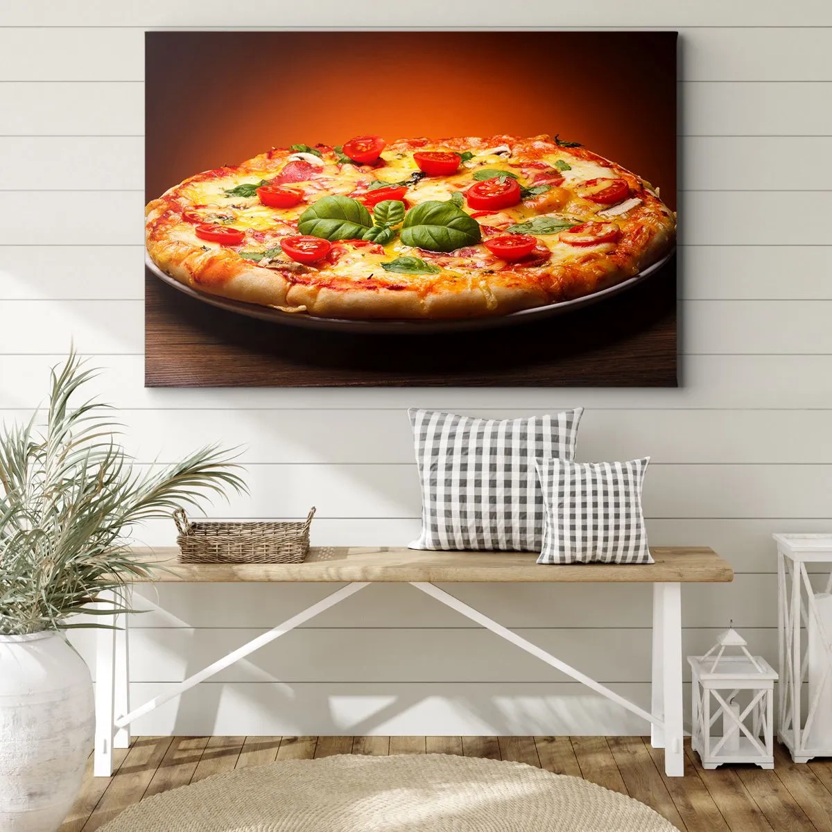 Cuadro sobre lienzo - Impresión de Imagen - Pizza con tomates y albahaca sobre una mesa de madera. - 120x80cm - ¡Mamma mia! - Decoración de pared moderna para salón y dormitorio ARTTOR