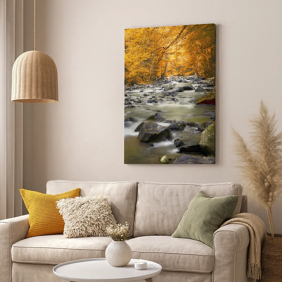 Cuadro sobre lienzo - Impresión de Imagen - Un arroyo en un bosque otoñal rodeado de hojas doradas. - 50x70cm - Un arroyo en un bosque dorado - Decoración de pared moderna para salón y dormitorio ARTTOR
