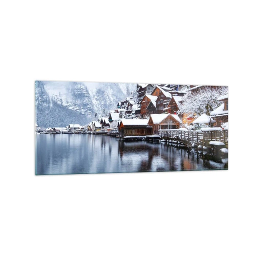 Cuadro sobre vidrio - Impresiones sobre Vidrio - Vista invernal de un pueblo de montaña junto al lago. - 120x50cm - En un decorado de invierno - Decoración de pared moderna para salón y dormitorio ARTTOR