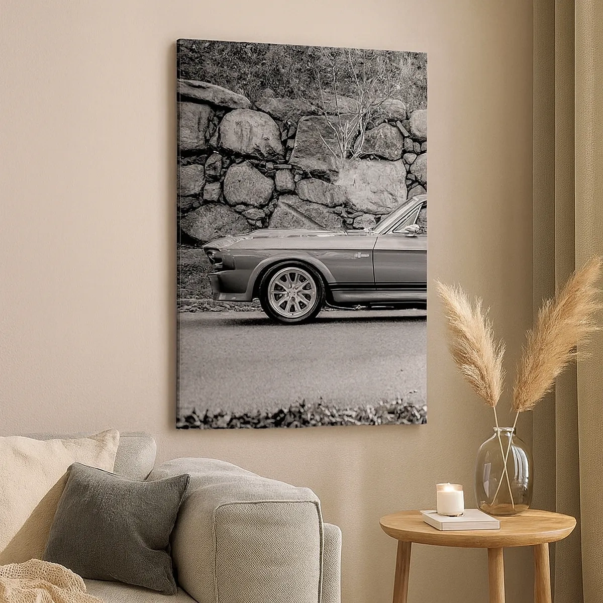 Cuadro sobre lienzo - Impresión de Imagen - Fotografía en blanco y negro de un coche clásico. - 50x70cm - Una leyenda de los años 60 - Decoración de pared moderna para salón y dormitorio ARTTOR