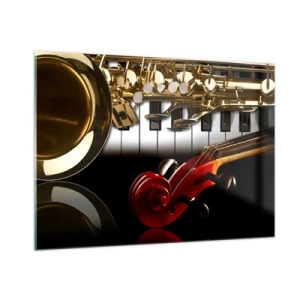 Cuadro sobre vidrio - Impresiones sobre Vidrio - Saxofón, teclado y arco en una composición artística - 100x70cm - Chapa, madera y marfil - Decoración de pared moderna para salón y dormitorio ARTTOR