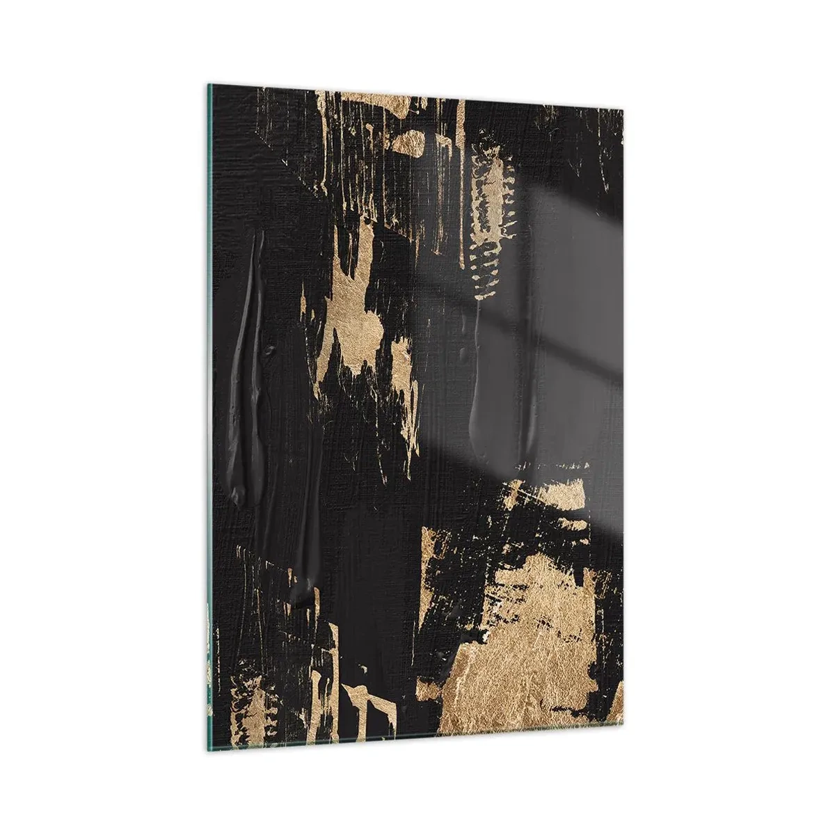 Cuadro sobre vidrio - Impresiones sobre Vidrio - Abstracción negra y dorada con una textura similar a una pincelada. - 50x70cm - Un rastro de tacto - Decoración de pared moderna para salón y dormitorio ARTTOR