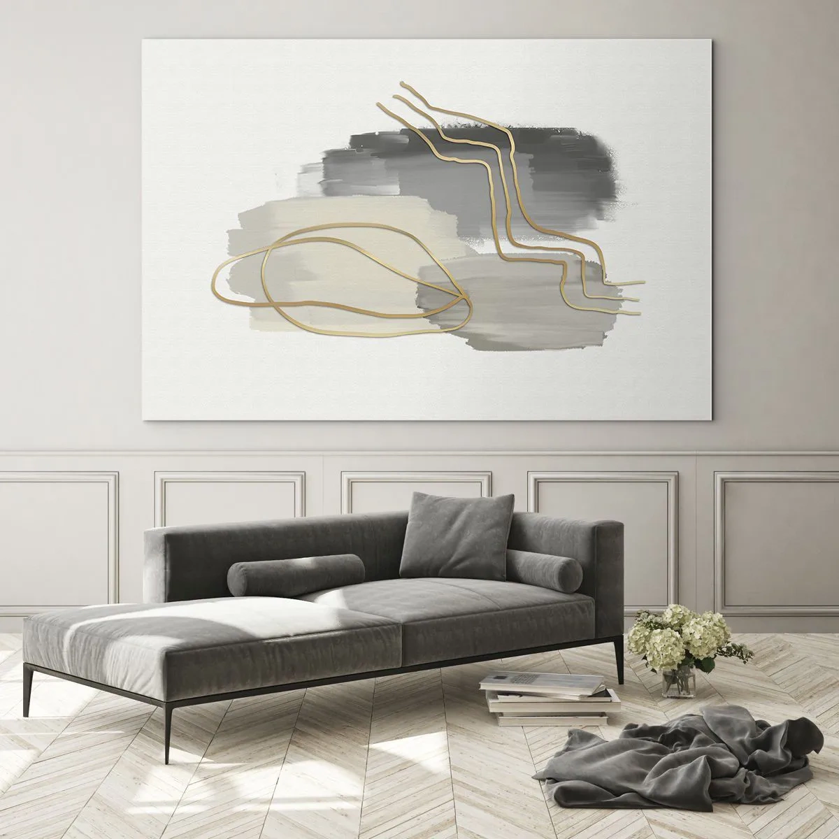 Cuadro sobre vidrio - Impresiones sobre Vidrio - Abstracción con manchas grises y líneas doradas sobre un fondo claro. - 70x50cm - Persistencia y movimiento - Decoración de pared moderna para salón y dormitorio ARTTOR