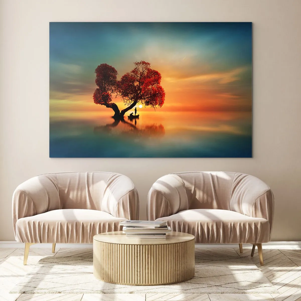 Cuadro sobre vidrio - Impresiones sobre Vidrio - Un árbol con hojas rojas con el atardecer como telón de fondo. - 100x70cm - La lejanía y el silencio del mundo - Decoración de pared moderna para salón y dormitorio ARTTOR