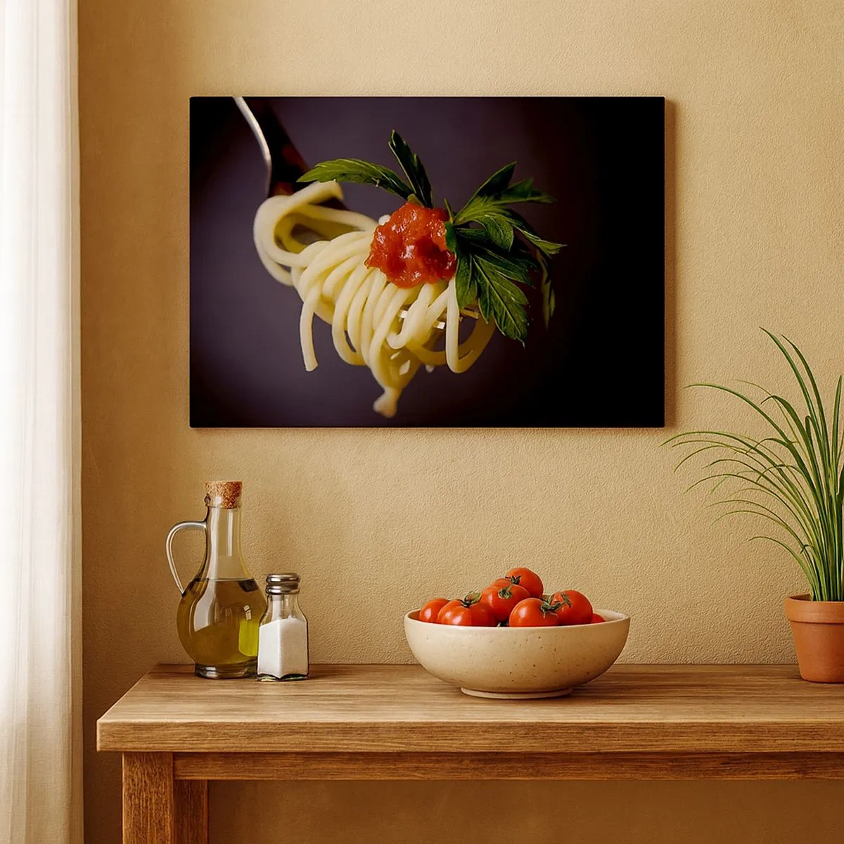 Cuadro sobre lienzo - Impresión de Imagen - Pasta espaguetis al tenedor con salsa de tomate y perejil - 70x50cm - Un sabroso bocado - Decoración de pared moderna para salón y dormitorio ARTTOR