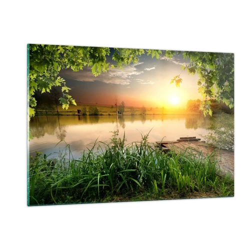 Cuadro sobre vidrio - Impresiones sobre Vidrio - Paisaje con un lago rodeado de vegetación al atardecer - 120x80cm - Paisaje en un marco verde - Decoración de pared moderna para salón y dormitorio ARTTOR