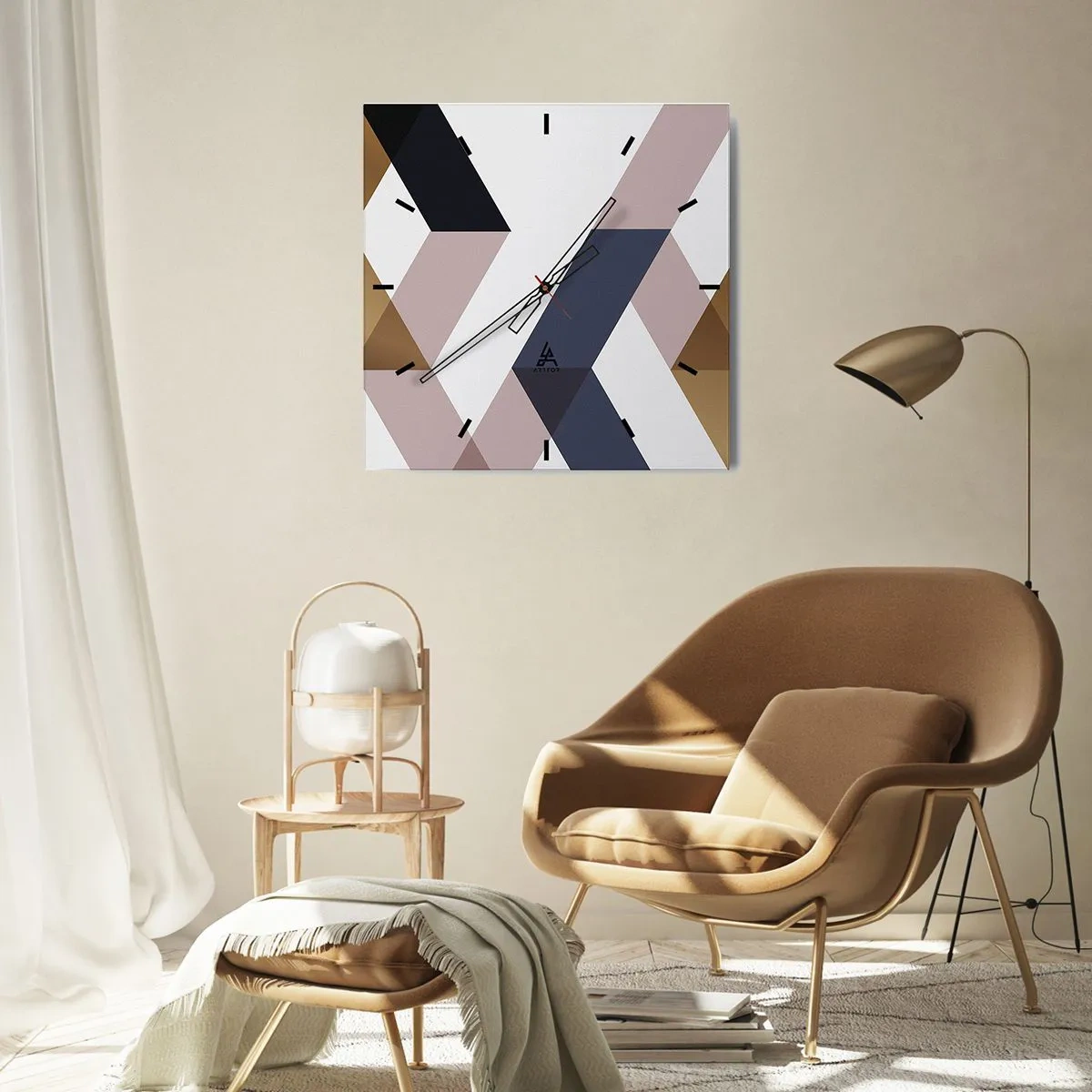Reloj de pared - Reloj de vidrio - Patrones geométricos en tonos dorados y azul marino. - 30x30cm - Rectas y ángulos - Decoración de pared moderna para salón y dormitorio ARTTOR