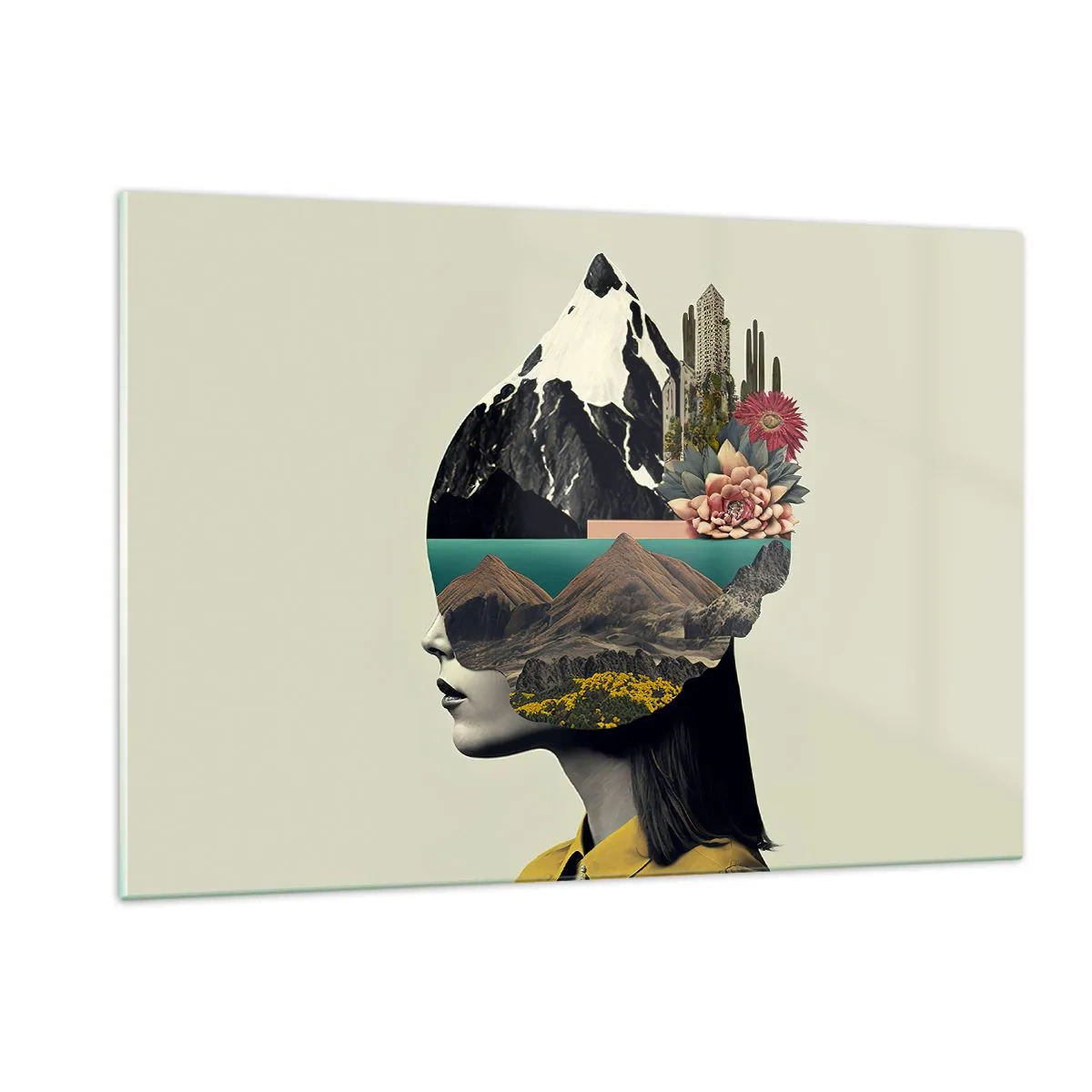 Cuadro sobre vidrio - Impresiones sobre Vidrio - Silueta de una mujer con un paisaje de montaña y flora en su cabeza. - 120x80cm - La mujer, siempre un misterio - Decoración de pared moderna para salón y dormitorio ARTTOR