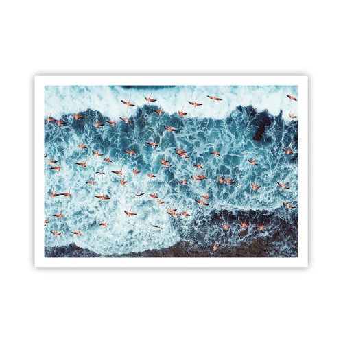 Póster - Una vista aérea de flamencos rosados sobre un océano azul. - 100x70cm - Un desfile marítimo - Decoración de pared moderna para salón y dormitorio ARTTOR