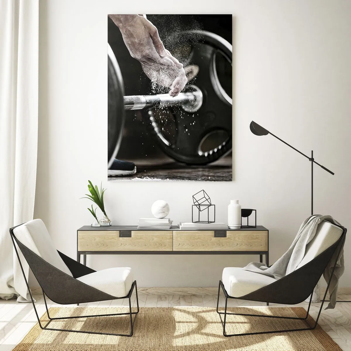Cuadro sobre vidrio - Impresiones sobre Vidrio - Levantamiento de pesas con tiza en las manos y una barra - 50x70cm - ¡Reto aceptado! - Decoración de pared moderna para salón y dormitorio ARTTOR