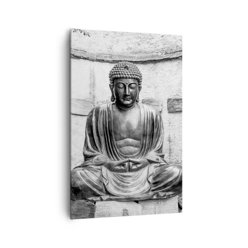 Cuadro sobre lienzo - Impresión de Imagen - Estatua de Buda en blanco y negro en pose meditativa. - 80x120cm - En la fuente de la paz - Decoración de pared moderna para salón y dormitorio ARTTOR