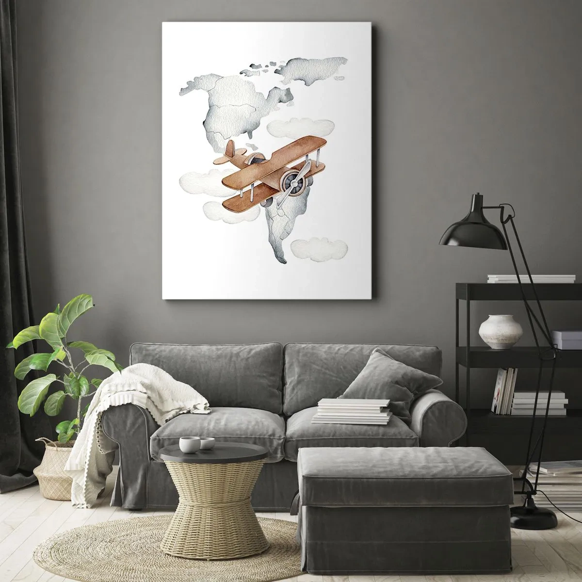 Cuadro sobre lienzo - Impresión de Imagen - Ilustración de un mapa del mundo con aviones - 50x70cm - Con espíritu pionero - Decoración de pared moderna para salón y dormitorio ARTTOR