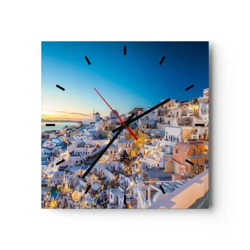Reloj de pared - Reloj de vidrio - Vista de una ciudad griega al atardecer - 30x30cm - La esencia de lo griego - Decoración de pared moderna para salón y dormitorio ARTTOR