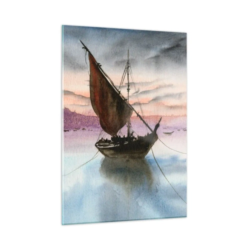 Cuadro sobre vidrio - Impresiones sobre Vidrio - Dos veleros en aguas tranquilas al atardecer - 50x70cm - Atardecer en el puerto - Decoración de pared moderna para salón y dormitorio ARTTOR