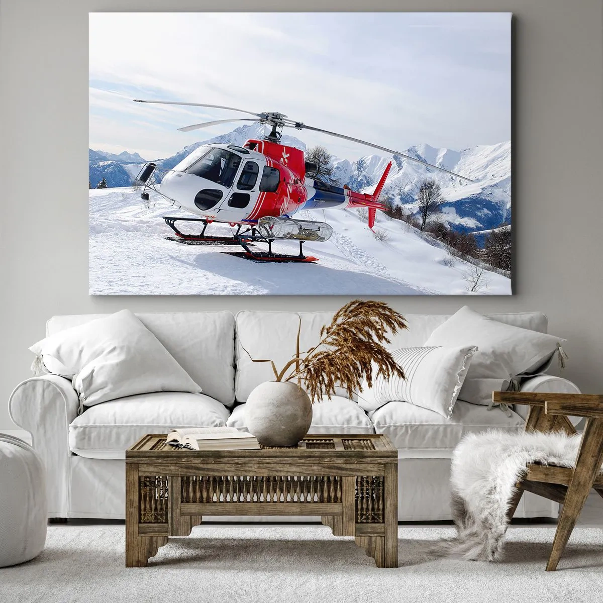 Cuadro sobre lienzo - Impresión de Imagen - Un helicóptero rojo contra un paisaje de montaña nevada. - 70x50cm - Siempre listo - Decoración de pared moderna para salón y dormitorio ARTTOR