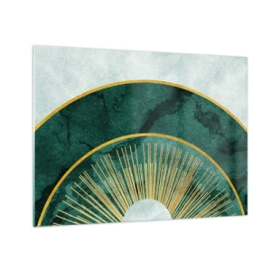 Cuadro sobre vidrio - Impresiones sobre Vidrio - Rayos dorados sobre un fondo de semicírculos verdes con estructura de mármol. - 70x50cm - Un sistema solar diferente - Decoración de pared moderna para salón y dormitorio ARTTOR