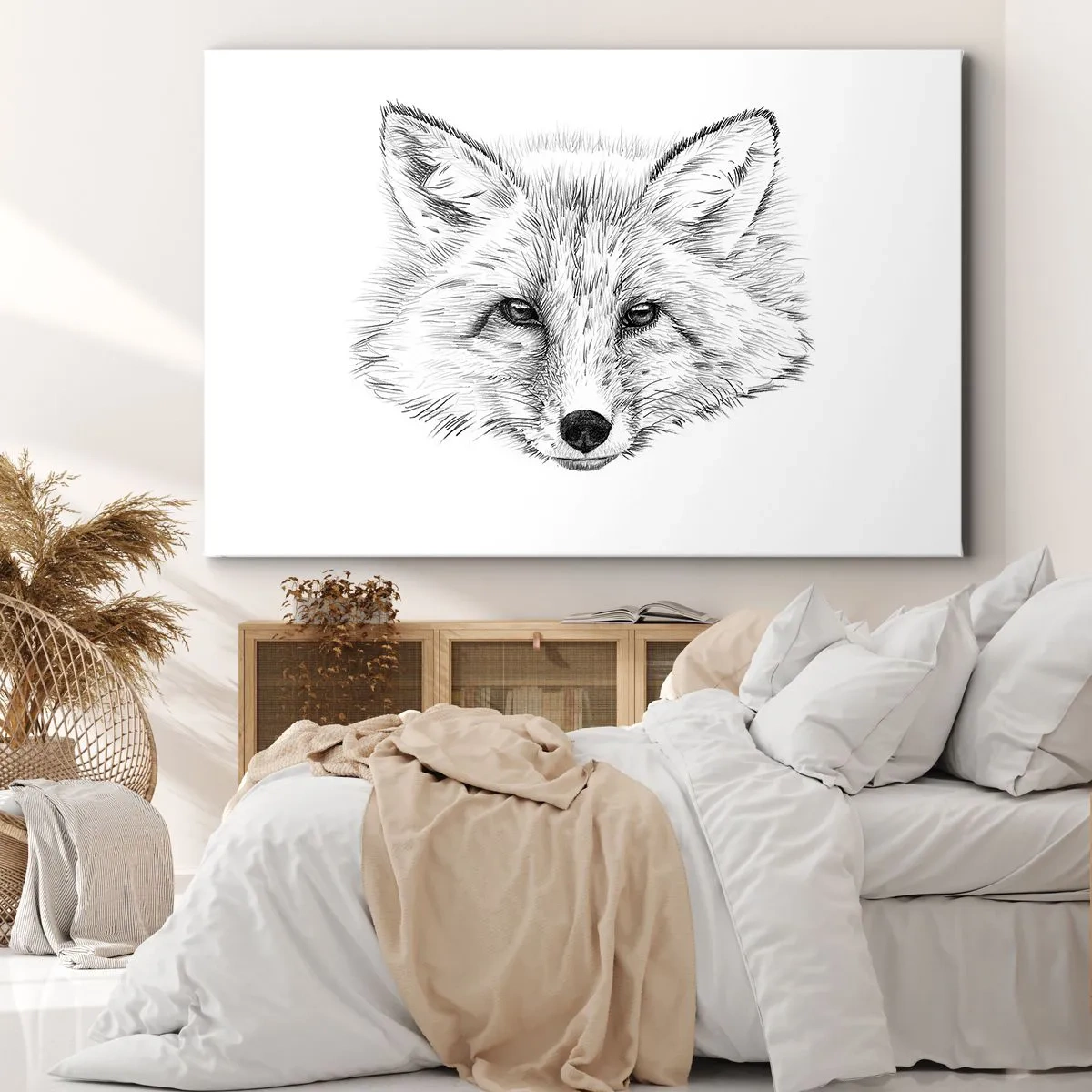 Cuadro sobre lienzo - Impresión de Imagen - Dibujo en blanco y negro de una cabeza de zorro sobre un fondo blanco. - 70x50cm - ¿Pueden mentir estos ojos? - Decoración de pared moderna para salón y dormitorio ARTTOR