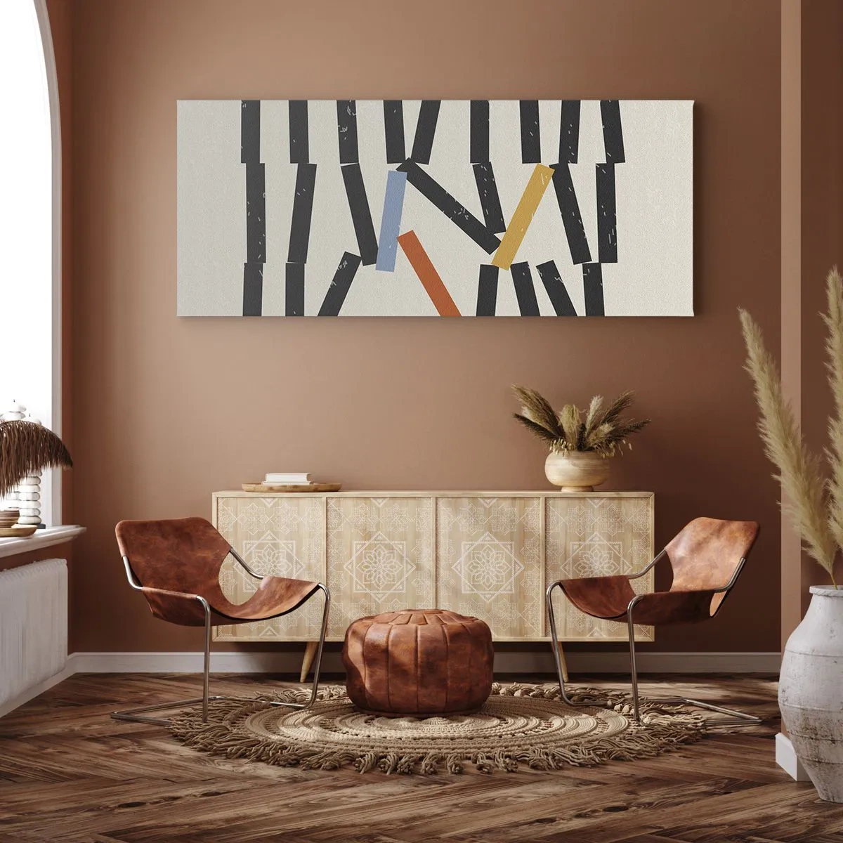 Cuadro sobre lienzo - Impresión de Imagen - Composición abstracta con rectángulos de colores y negros. - 140x50cm - Dominó - composición - Decoración de pared moderna para salón y dormitorio ARTTOR