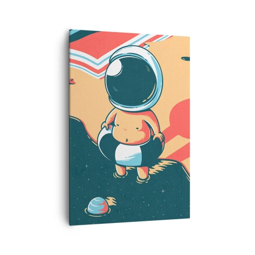 Cuadro sobre lienzo - Impresión de Imagen - Astronauta divertido en la playa con elementos espaciales de fondo. - 70x100cm - Desde una perspectiva diferente - Decoración de pared moderna para salón y dormitorio ARTTOR