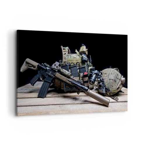 Cuadro sobre lienzo - Impresión de Imagen - Equipo táctico con un rifle sobre una mesa de madera. - 120x80cm - ¡Descansen! - Decoración de pared moderna para salón y dormitorio ARTTOR