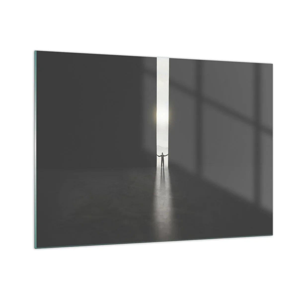 Cuadro sobre vidrio - Impresiones sobre Vidrio - Silueta de un hombre abriendo una puerta a una luz brillante. - 100x70cm - Un paso hacia un futuro brillante - Decoración de pared moderna para salón y dormitorio ARTTOR