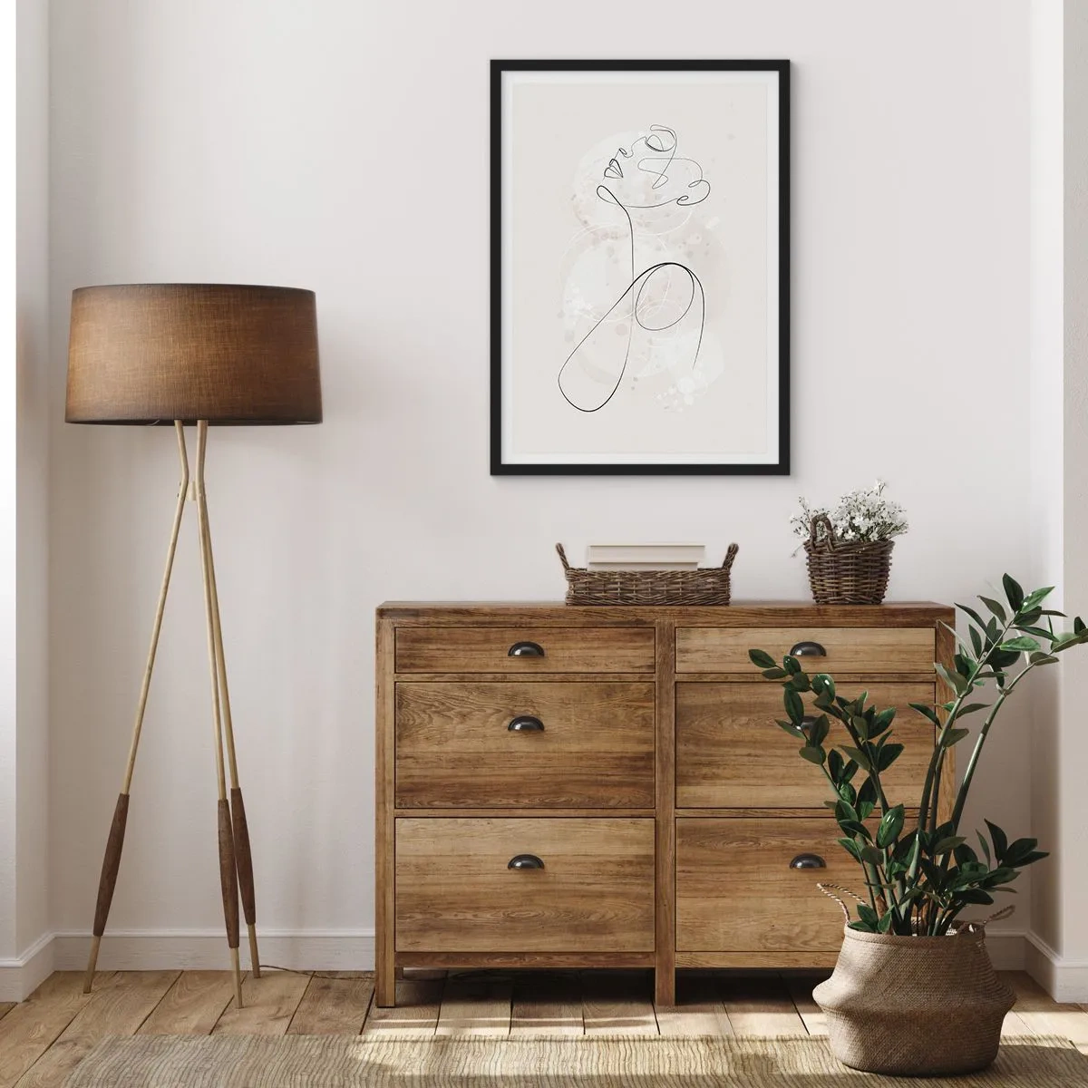 Póster en marco negro - La línea de contorno de la figura sobre el fondo de delicadas formas pastel. - 50x70cm - La espiral de la belleza - Decoración de pared moderna para salón y dormitorio ARTTOR