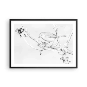 Póster en marco negro - Pájaro en una rama en blanco y negro con un estilo minimalista. - 70x50cm - Mañana de invierno - Decoración de pared moderna para salón y dormitorio ARTTOR