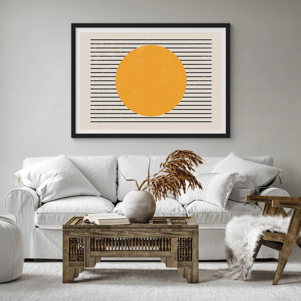 Póster en marco negro - Un círculo amarillo sobre un fondo de líneas horizontales blancas y negras. - 70x50cm - El poder de la sencillez - Decoración de pared moderna para salón y dormitorio ARTTOR