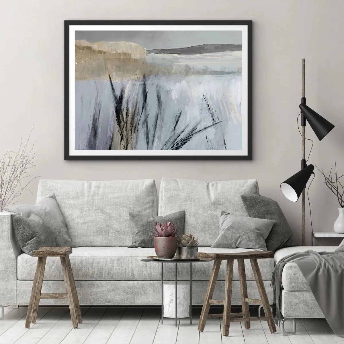 Póster en marco negro - Un pintoresco paisaje invernal con campos y pastos. - 100x70cm - Campos de invierno - Decoración de pared moderna para salón y dormitorio ARTTOR