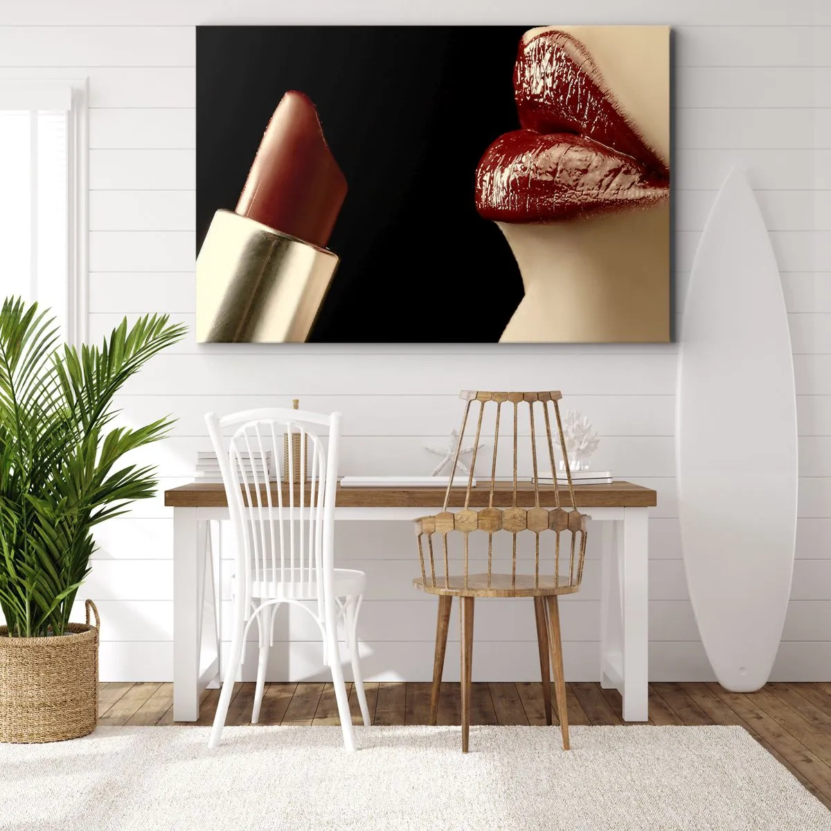 Cuadro sobre lienzo - Impresión de Imagen - Labios rojos y lápiz labial sobre un fondo negro. - 70x50cm - Sensualidad y brillo del carmín - Decoración de pared moderna para salón y dormitorio ARTTOR