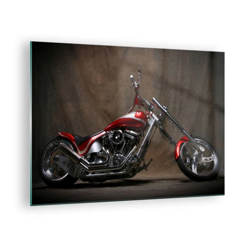 Cuadro sobre vidrio - Impresiones sobre Vidrio - Motocicleta roja personalizada sobre un fondo oscuro - 70x50cm - Belleza rojo-plateada - Decoración de pared moderna para salón y dormitorio ARTTOR