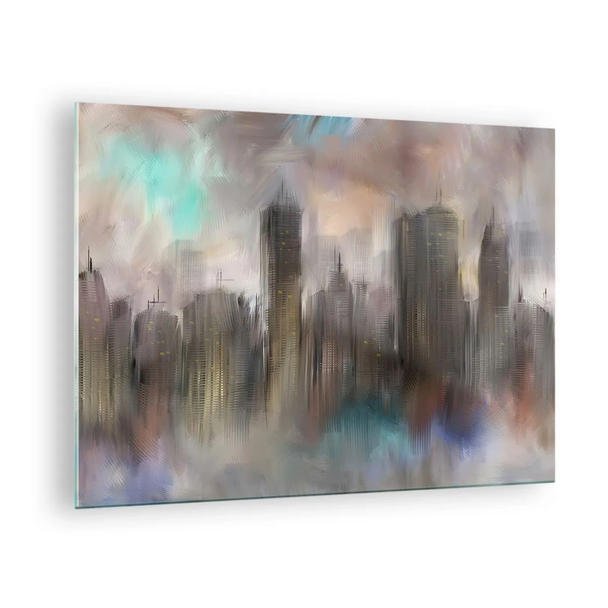 Cuadro sobre vidrio - Impresiones sobre Vidrio - Imagen abstracta de una ciudad con rascacielos. - 70x50cm - Una composición de acero, piedra y niebla - Decoración de pared moderna para salón y dormitorio ARTTOR