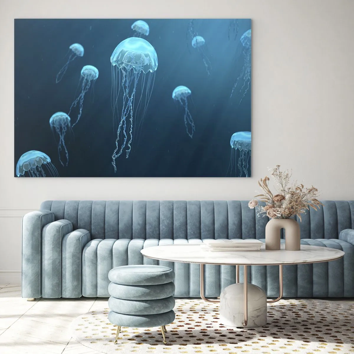 Cuadro sobre vidrio - Impresiones sobre Vidrio - Medusas flotando en el océano azul profundo - 100x70cm - Danza oceánica - Decoración de pared moderna para salón y dormitorio ARTTOR