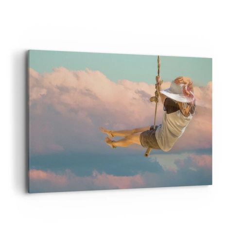 Cuadro sobre lienzo - Impresión de Imagen - Mujer en un columpio entre nubes rosas - 100x70cm - Jugando en las nubes - Decoración de pared moderna para salón y dormitorio ARTTOR