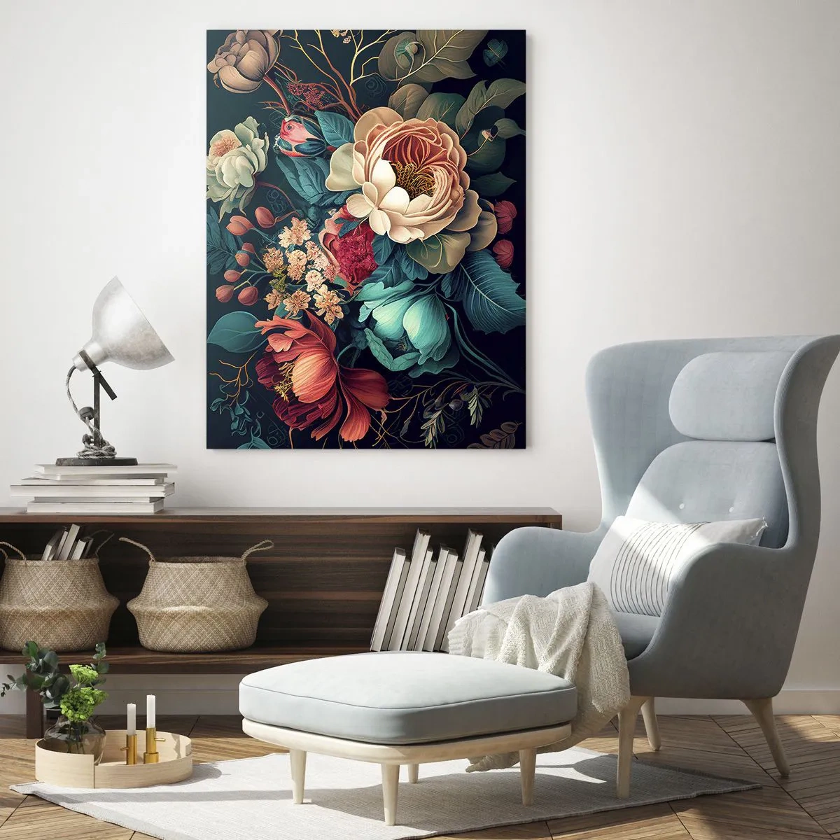 Cuadro sobre vidrio - Impresiones sobre Vidrio - Ramo de flores vintage sobre fondo oscuro - 50x70cm - Encanto del siglo XIX - Decoración de pared moderna para salón y dormitorio ARTTOR