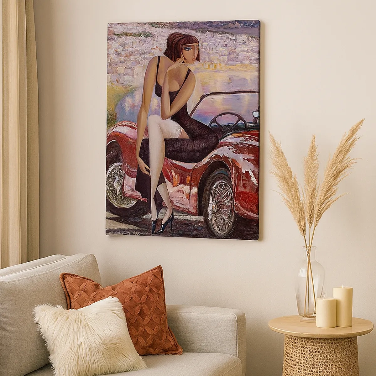 Cuadro sobre lienzo - Impresión de Imagen - Una mujer junto a un coche rojo con un pueblo al fondo - 50x70cm - Paseo veraniego - Decoración de pared moderna para salón y dormitorio ARTTOR