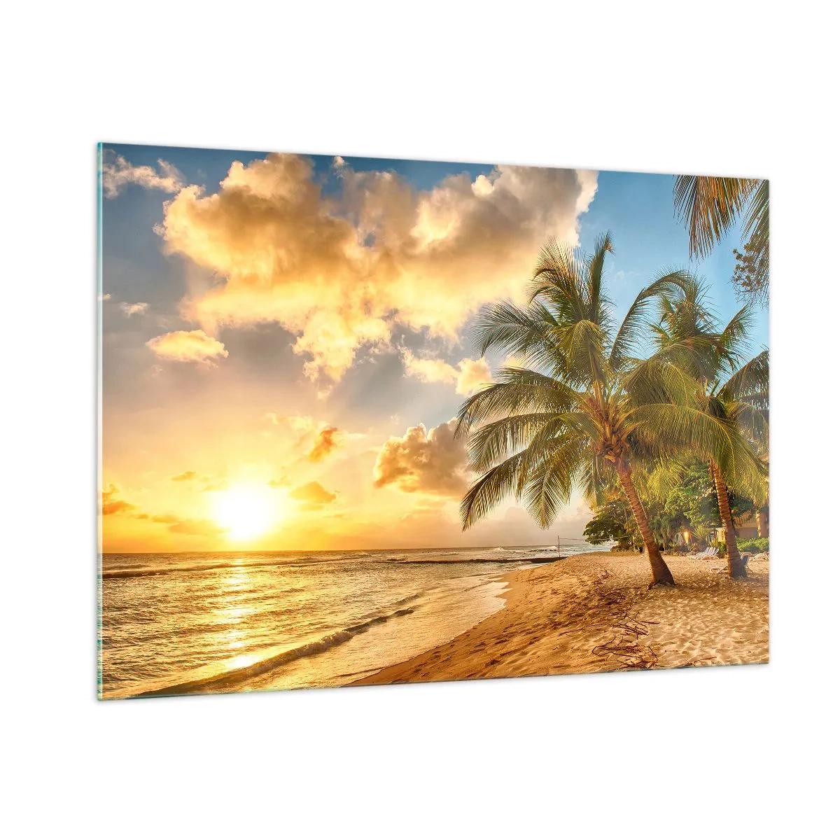 Cuadro sobre vidrio - Impresiones sobre Vidrio - Playa de palmeras al atardecer con cálidos colores de cielo - 100x70cm - El eterno verano, siempre de vacaciones - Decoración de pared moderna para salón y dormitorio ARTTOR