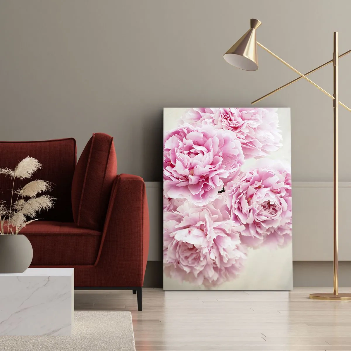 Cuadro sobre lienzo - Impresión de Imagen - Un ramo de peonías rosas sobre un fondo claro. - 50x70cm - En el esplendor del rosa - Decoración de pared moderna para salón y dormitorio ARTTOR