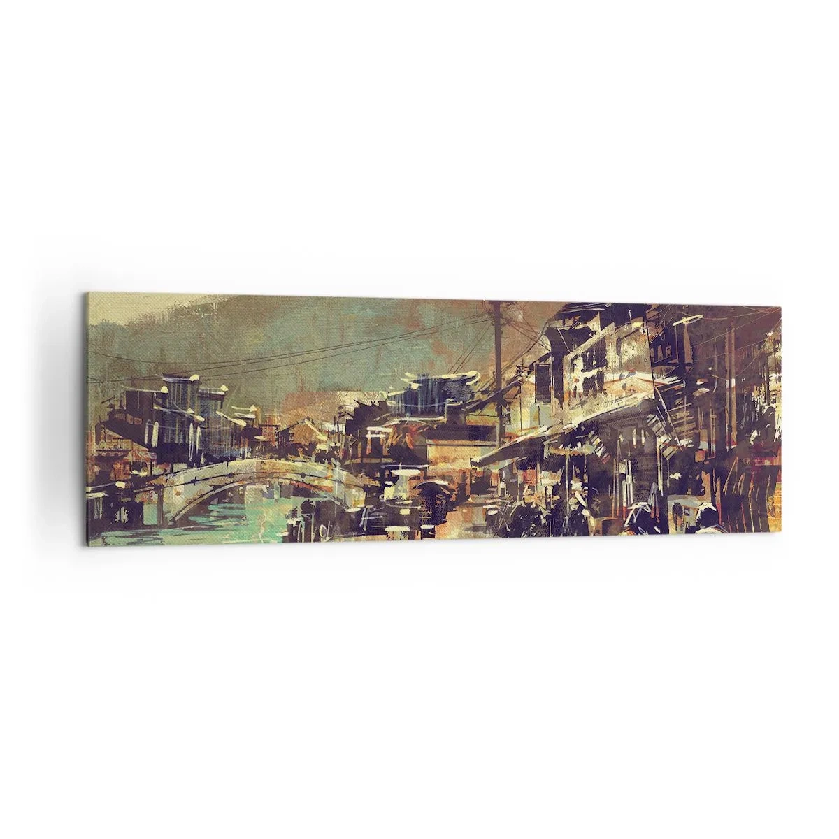 Cuadro sobre lienzo - Impresión de Imagen - Un pueblo con un puente y calles de estilo artístico. - 160x50cm - La vida como riqueza de grises - Decoración de pared moderna para salón y dormitorio ARTTOR