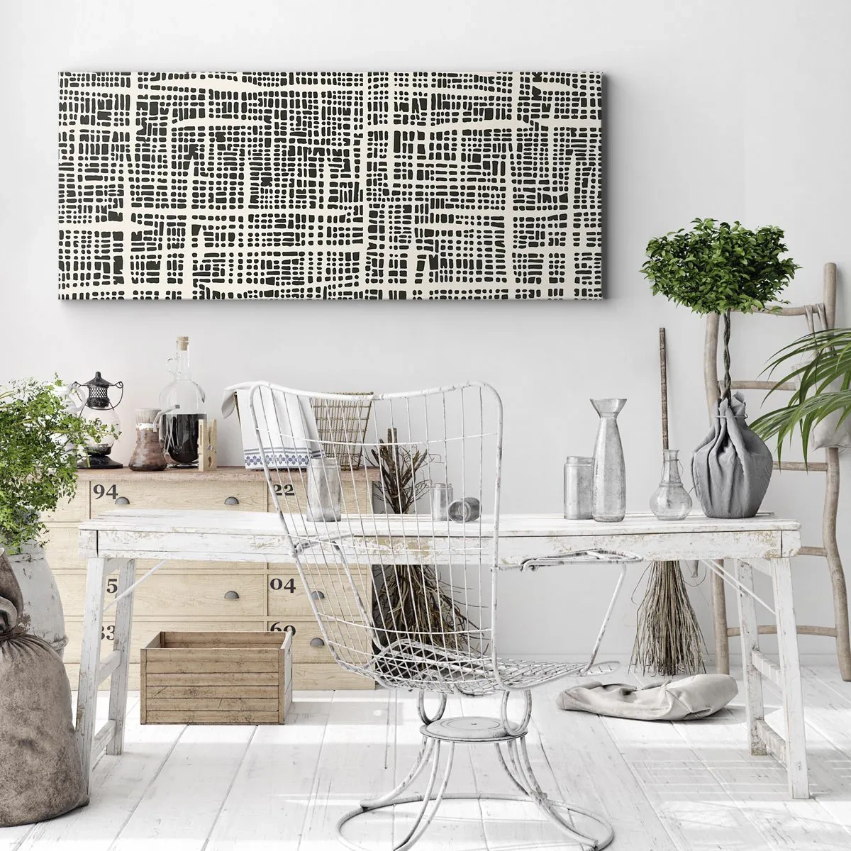 Cuadro sobre lienzo - Impresión de Imagen - Un patrón geométrico que se asemeja a una cuadrícula sobre un fondo claro. - 140x50cm - Composición del tejido - Decoración de pared moderna para salón y dormitorio ARTTOR