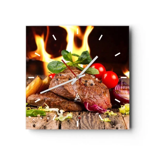 Reloj de pared - Reloj de vidrio - Filete a la parrilla con acompañamientos con el telón de fondo de las llamas. - 30x30cm - Embrujo de fuego - Decoración de pared moderna para salón y dormitorio ARTTOR