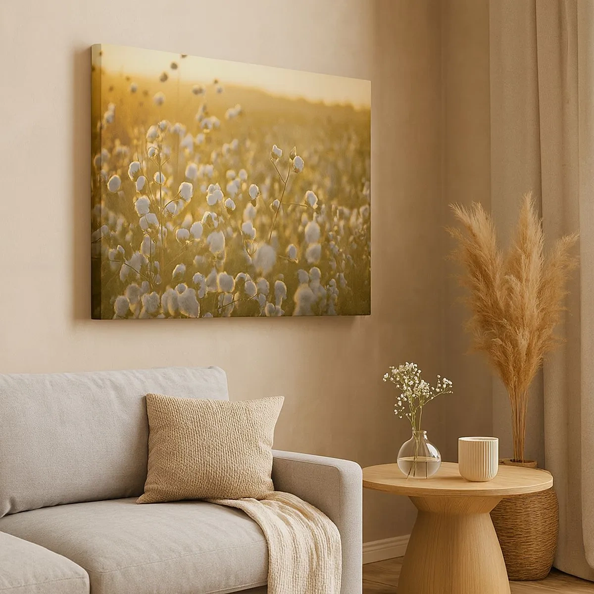 Cuadro sobre lienzo - Impresión de Imagen - Un campo de algodón bajo la cálida luz del sol poniente. - 70x50cm - Un campo esponjoso - Decoración de pared moderna para salón y dormitorio ARTTOR