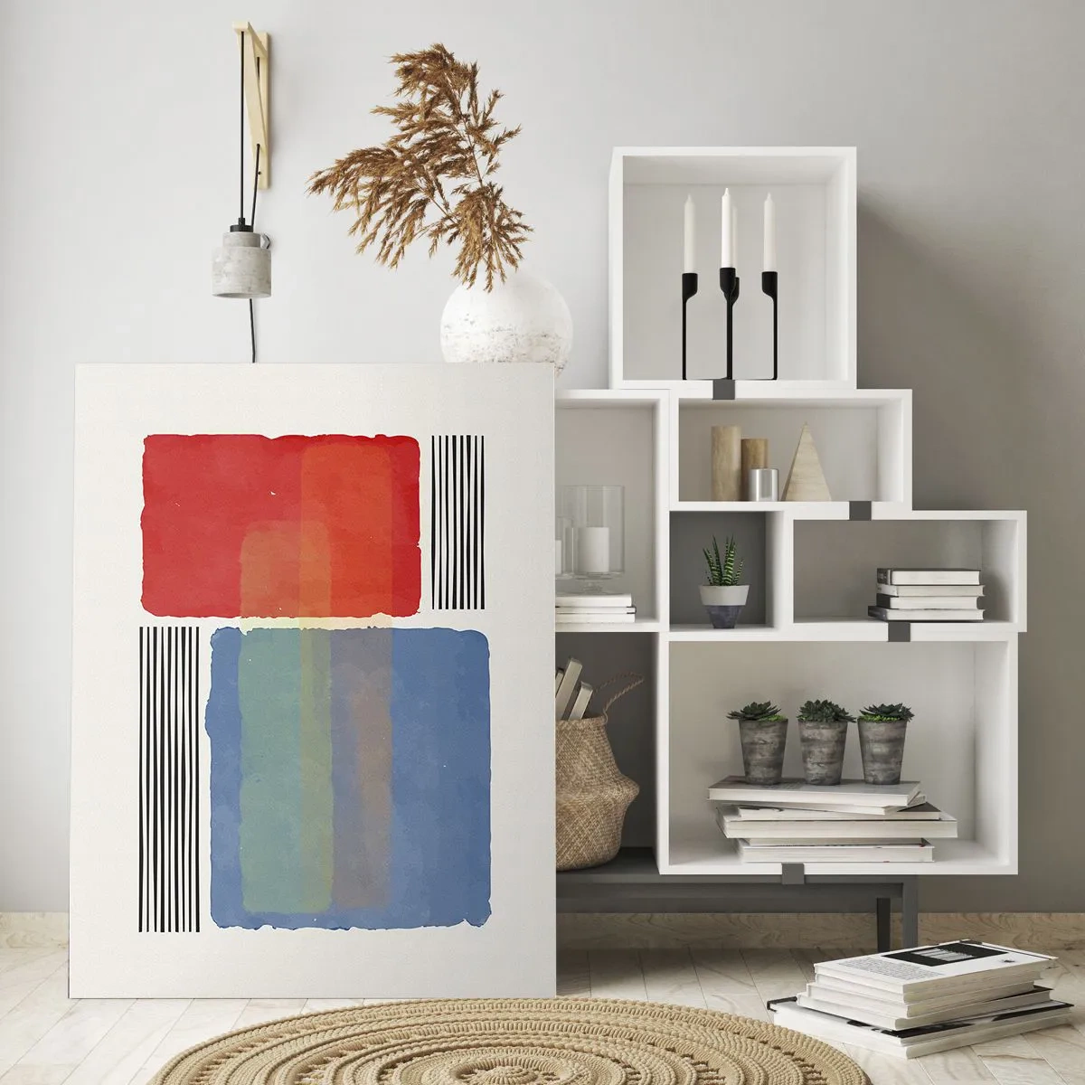 Cuadro sobre vidrio - Impresiones sobre Vidrio - Composición geométrica con rectángulos rojos y azules. - 50x70cm - Espíritu y alma de la geometría - Decoración de pared moderna para salón y dormitorio ARTTOR