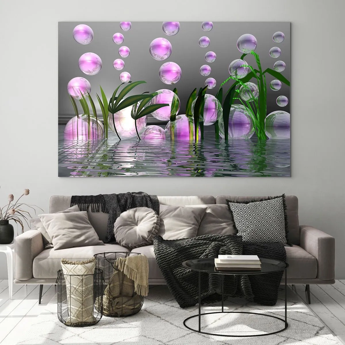 Cuadro sobre vidrio - Impresiones sobre Vidrio - Burbujas moradas flotando sobre el agua con plantas. - 100x70cm - Composición reflexiva de ligereza y vida - Decoración de pared moderna para salón y dormitorio ARTTOR
