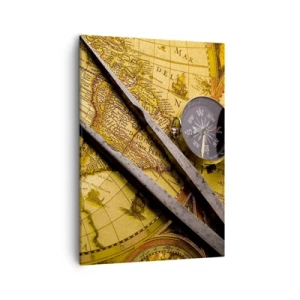 Cuadro sobre lienzo - Impresión de Imagen - Un mapa del mundo antiguo con una brújula y un par de brújulas en el fondo. - 50x70cm - ¿Dónde están los tesoros? - Decoración de pared moderna para salón y dormitorio ARTTOR