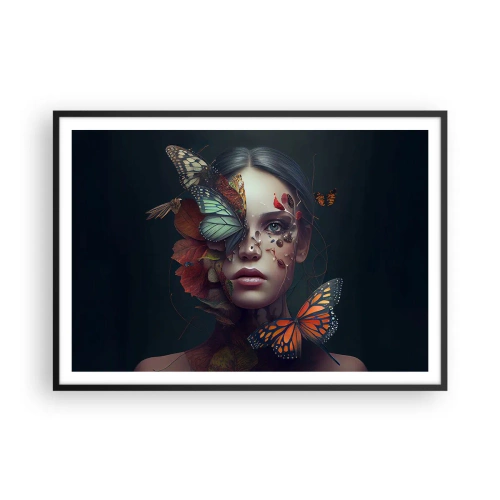Póster en marco negro - Retrato de una mujer con mariposas y elementos vegetales. - 100x70cm - Una metamorfosis maravillosa - Decoración de pared moderna para salón y dormitorio ARTTOR