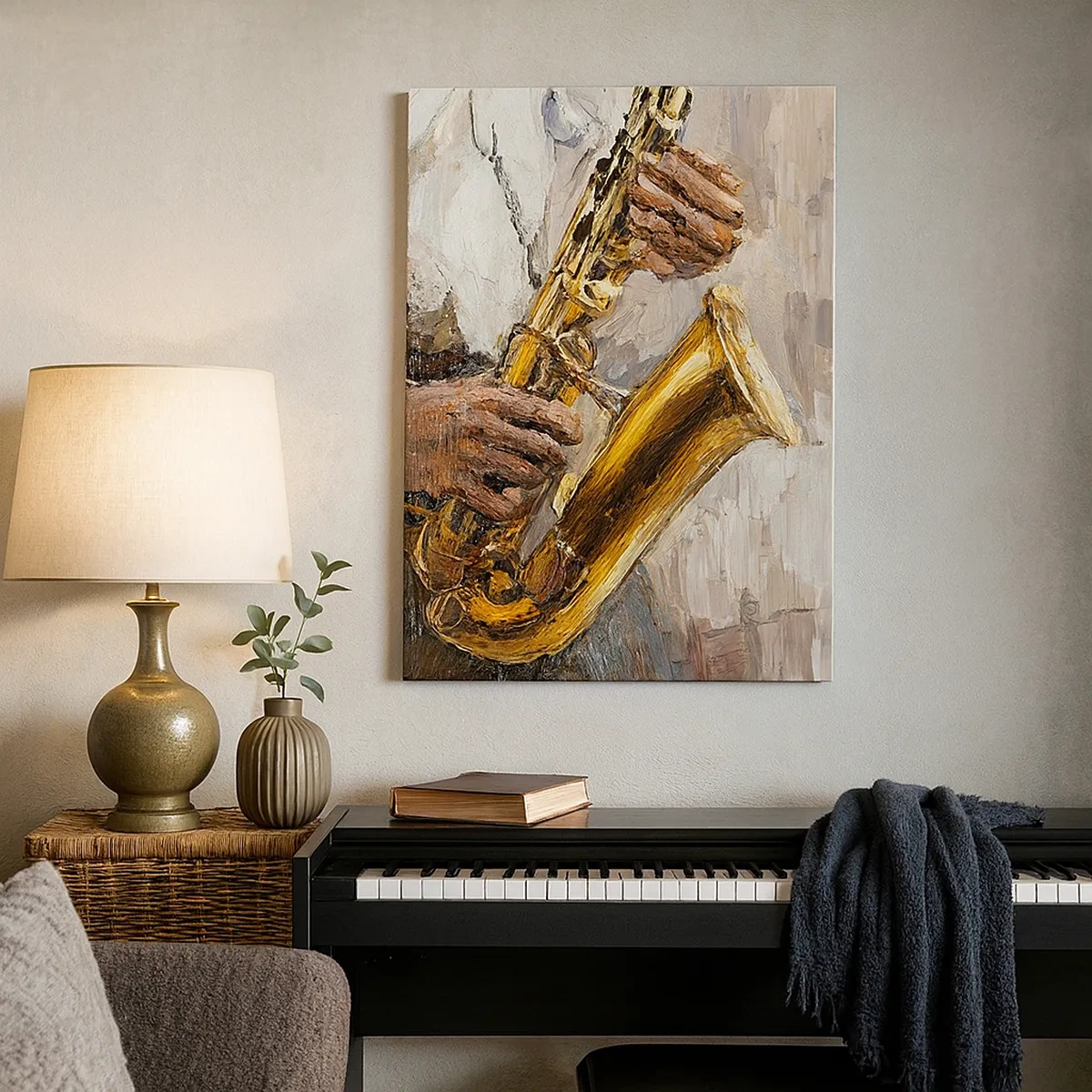 Cuadro sobre lienzo - Impresión de Imagen - Un músico tocando el saxofón con un estilo artístico. - 50x70cm - Llegó el momento del solo - Decoración de pared moderna para salón y dormitorio ARTTOR