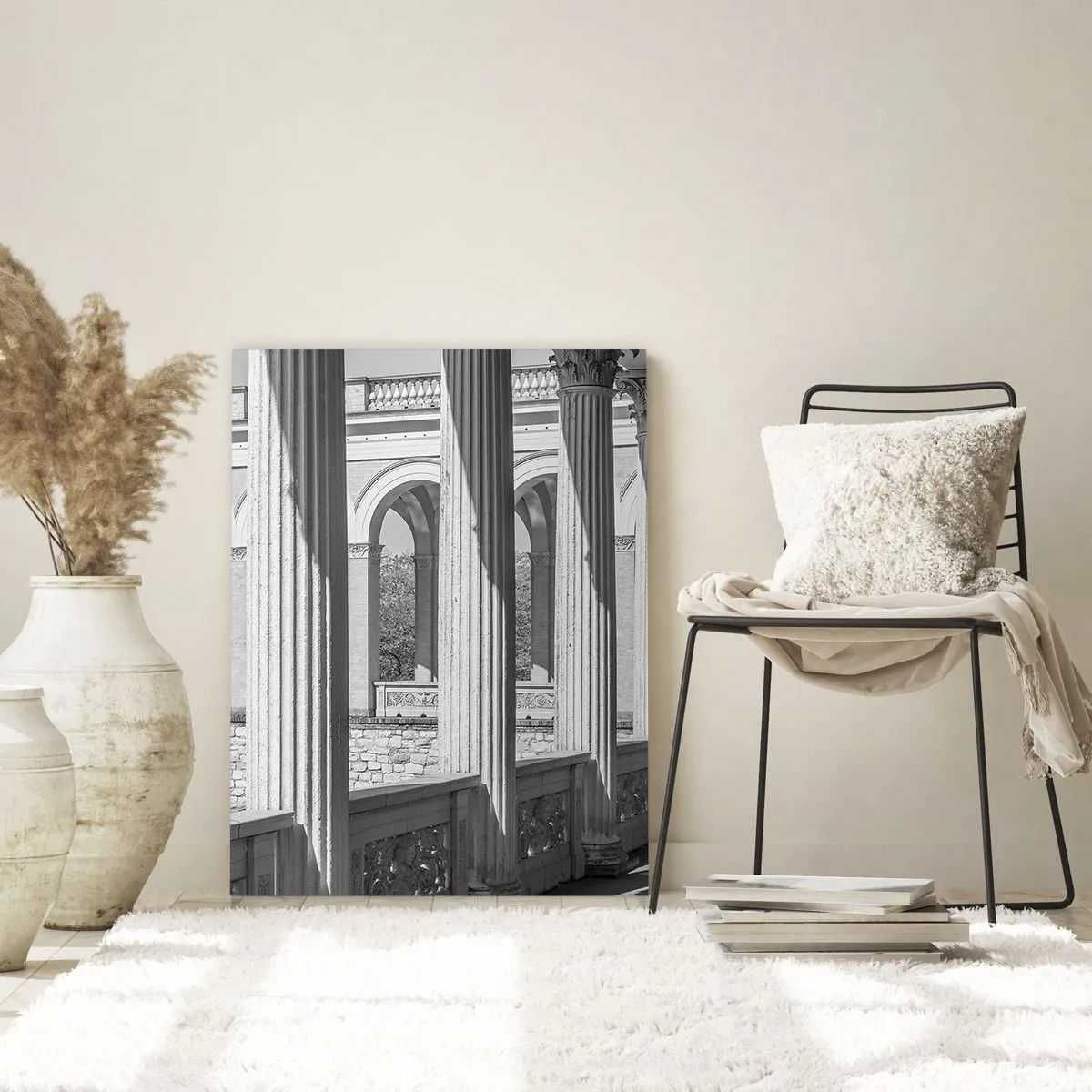 Cuadro sobre vidrio - Impresiones sobre Vidrio - Una columnata en blanco y negro con un juego rítmico de luces y sombras. - 50x70cm - Galería soleada - Decoración de pared moderna para salón y dormitorio ARTTOR