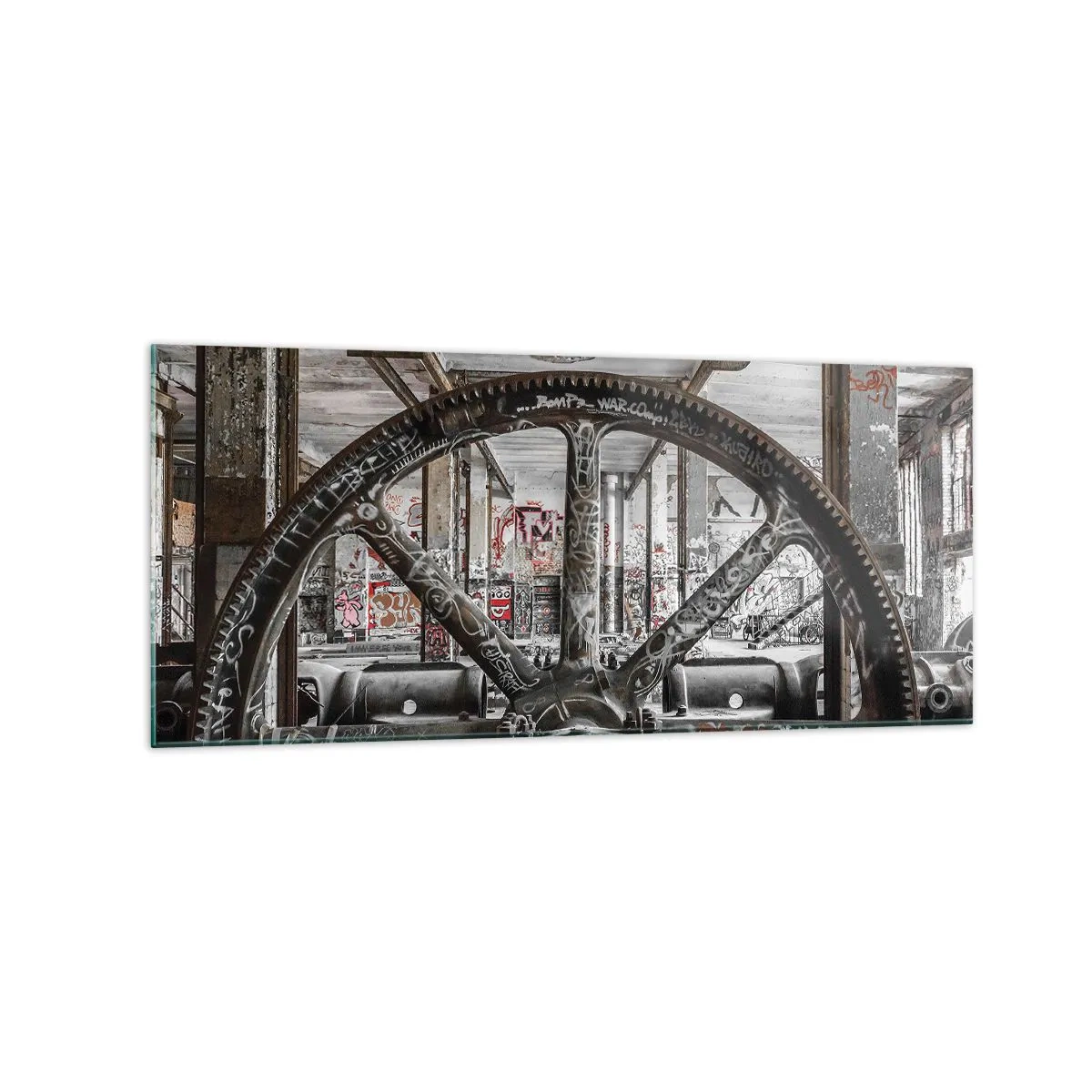 Cuadro sobre vidrio - Impresiones sobre Vidrio - Un antiguo mecanismo en un interior industrial abandonado. - 120x50cm - La vida secreta de una fábrica - Decoración de pared moderna para salón y dormitorio ARTTOR